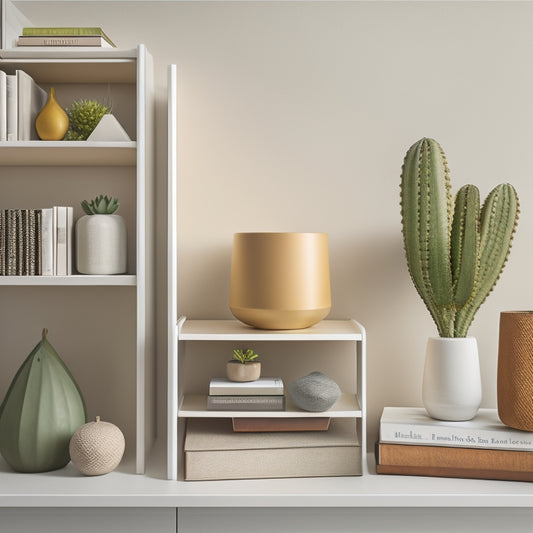 A minimalist bookshelf with 5-7 stylish books featuring bold cover designs, surrounded by a few select decorative objects like a geometric vase, a small sculpture, and a potted succulent, set against a soft, creamy background.