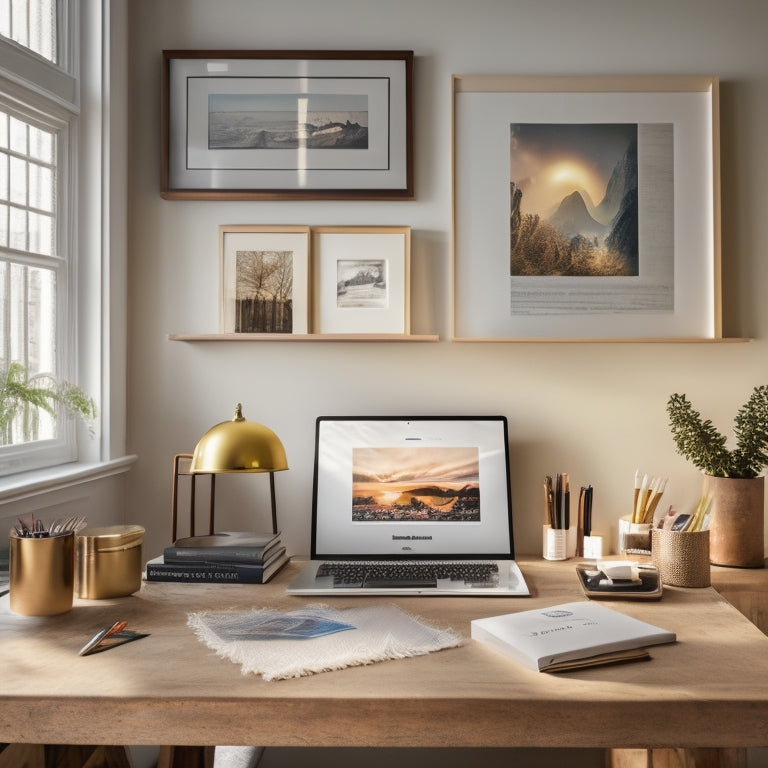 A minimalist workspace with a laptop, a framed art print, and scattered art supplies, surrounded by inspirational art books and a few rolled-up prints, with warm, golden lighting.