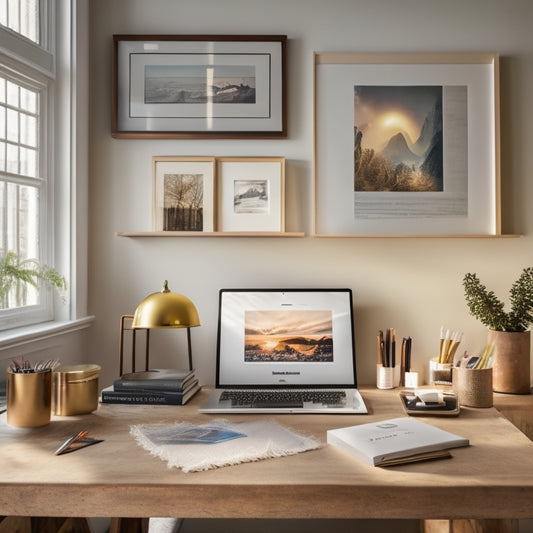 A minimalist workspace with a laptop, a framed art print, and scattered art supplies, surrounded by inspirational art books and a few rolled-up prints, with warm, golden lighting.