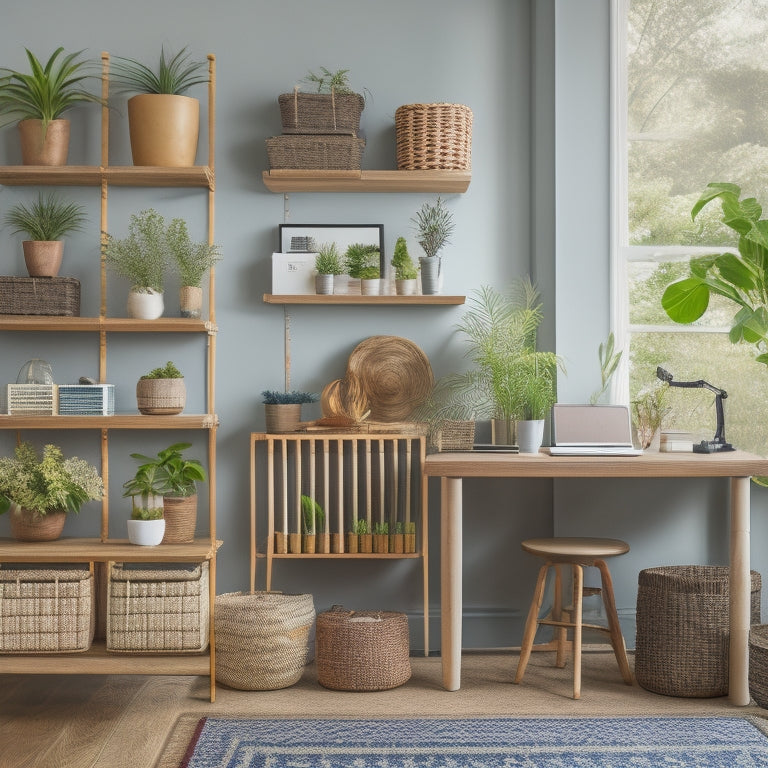 A serene, clutter-free home office with a mix of repurposed and affordable storage solutions: woven baskets, DIY shelves, and a minimalist desk with a few carefully placed, colorful pens and a small potted plant.