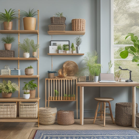 A serene, clutter-free home office with a mix of repurposed and affordable storage solutions: woven baskets, DIY shelves, and a minimalist desk with a few carefully placed, colorful pens and a small potted plant.