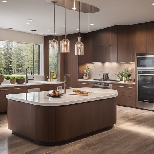 A serene, modern kitchen featuring a large, curved island with a built-in cooktop, pendant lights, and a waterfall countertop in a rich, dark wood tone, surrounded by sleek, white cabinets.