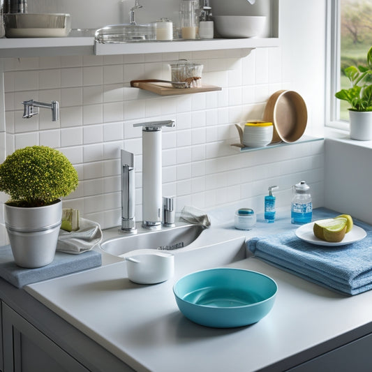 A tidy, modern kitchen sink with a sleek faucet, surrounded by clever organizers: a slide-out trash can, a soap dispenser built into the countertop, and a tiered utensil holder attached to the sink's edge.