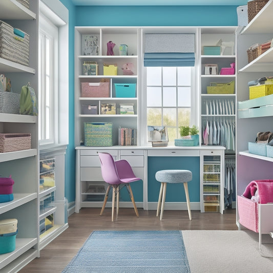 A bright, airy, and modern teenager's closet with floor-to-ceiling shelves, a double rod for hanging clothes, and a built-in desk with a chair, surrounded by pastel-colored storage bins and baskets.