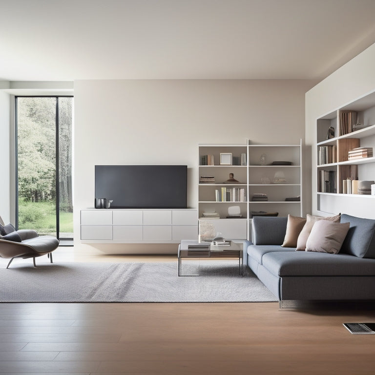 A minimalist, high-ceilinged living room with a sleek, wall-mounted shelf system, a compact, rotating storage ottoman, and a low-profile, sliding-glass coffee table, surrounded by ample negative space.