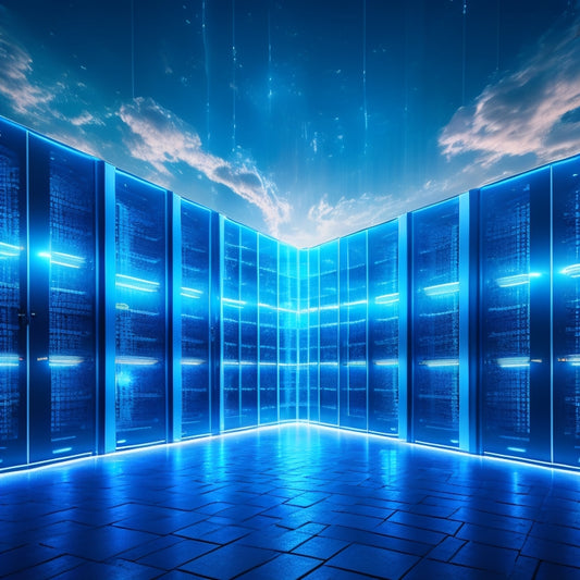 A futuristic, glowing data center with rows of sleek, silver servers humming with blue LED lights, surrounded by swirling clouds of ones and zeros, and a massive, shimmering crystal disk at the center.