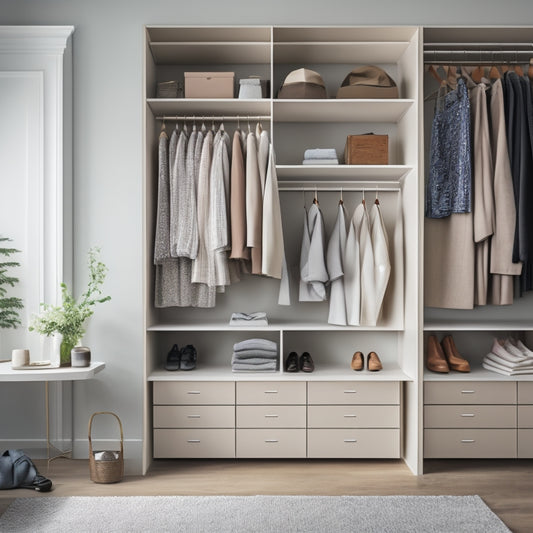 A serene, minimalist closet interior with a mix of open shelves, drawers, and hanging rods, featuring a few stylish outfits, shoes, and accessories, all organized and tastefully arranged.