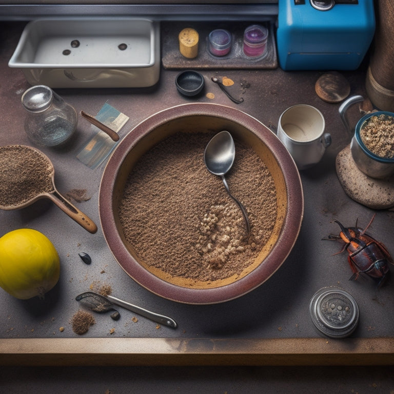 A cluttered kitchen drawer with utensils, expired coupons, and forgotten gadgets spilling out, surrounded by crumbs, dust, and mysterious stains, with a single, curious, bright-eyed cockroach peeking out.