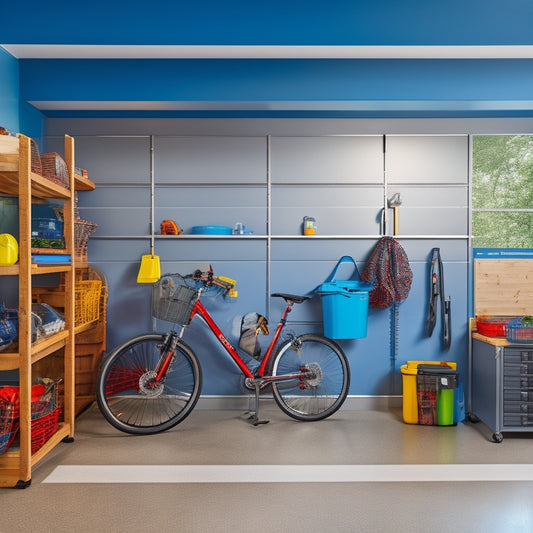 A well-organized garage with a sleek, silver slatwall, floor-to-ceiling shelves, and a sturdy workbench, surrounded by neatly stored bikes, tools, and storage bins, with a few balls and toys on the floor.