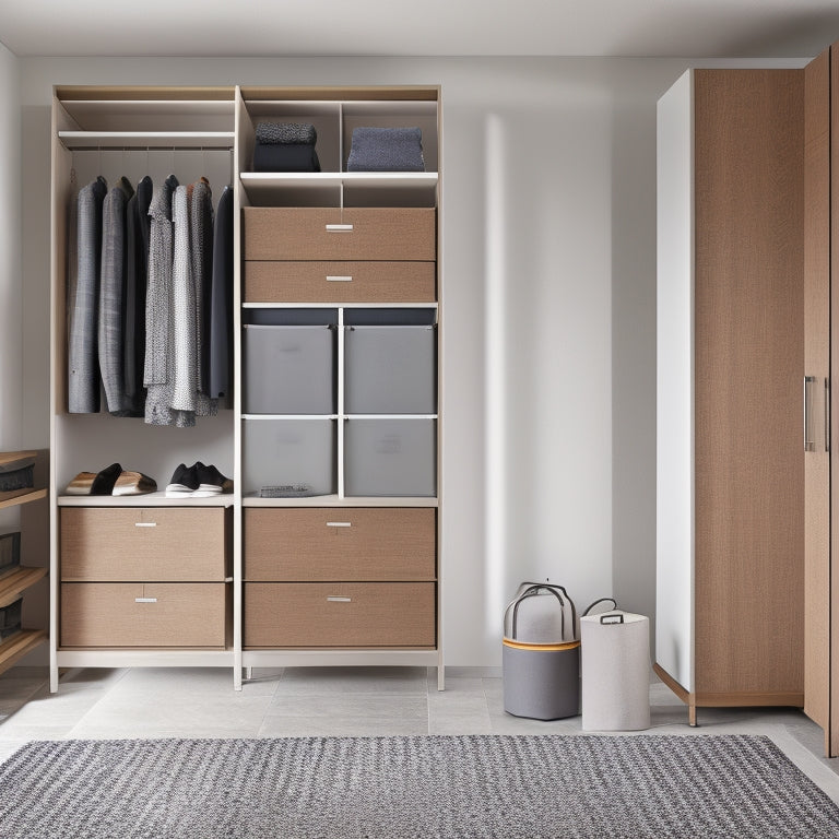 A modern, sleek closet with sliding glass doors, adjustable shelves, and a minimalist aesthetic, featuring a prominent display of various storage bins and baskets in a harmonious blend of wood and metal accents.