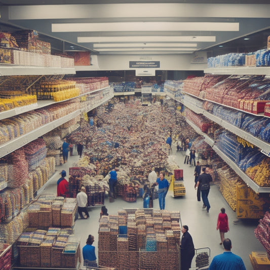 A chaotic retail scene: overflowing shopping carts, customers scrambling to grab stacked storage boxes in various sizes, shelves emptied, and a bright "SALE" sign hanging from the ceiling.
