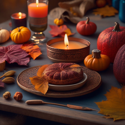 A warm-toned, autumnal scene featuring a wooden table adorned with fallen leaves, candles, and a set of colorful, intricately designed coasters in various shapes and patterns.