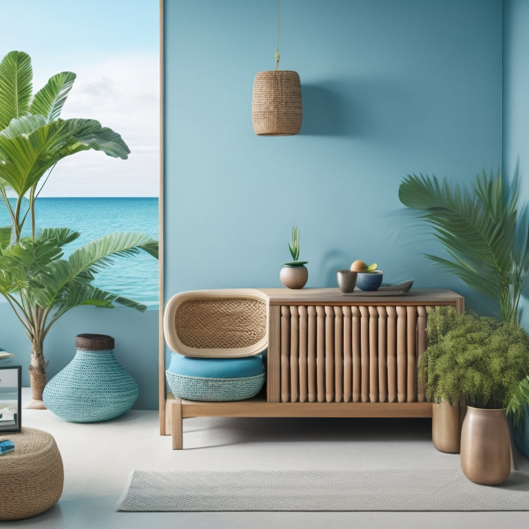 A serene island interior with a minimalist aesthetic, featuring a sleek, wooden storage bench, woven baskets, and a few carefully placed tropical plants, surrounded by calm turquoise waters.