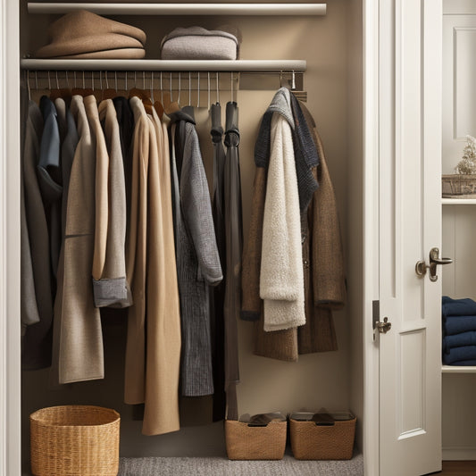 A tidy coat closet with double rods, shelves, and bins, featuring a shoe organizer on the back of the door, and a few neatly hung coats, scarves, and hats in a calm, neutral-colored space.