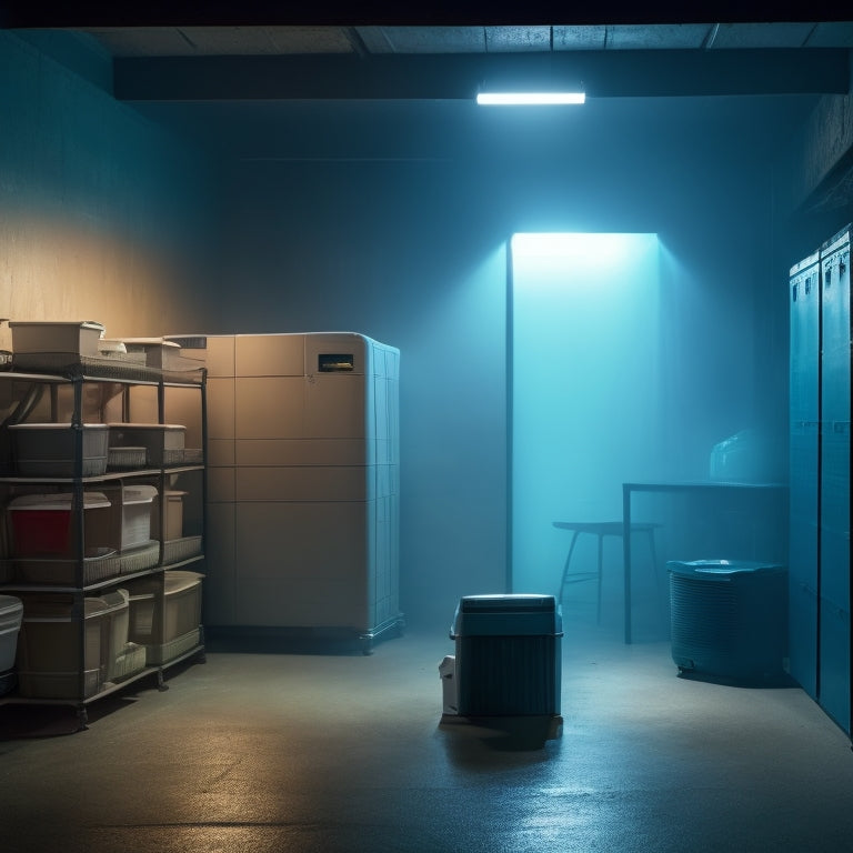 A dimly lit basement with water droplets on the walls, a dehumidifier in the corner, and a shelving unit with stacked plastic bins, surrounded by a faint mist, highlighting the battle against moisture.