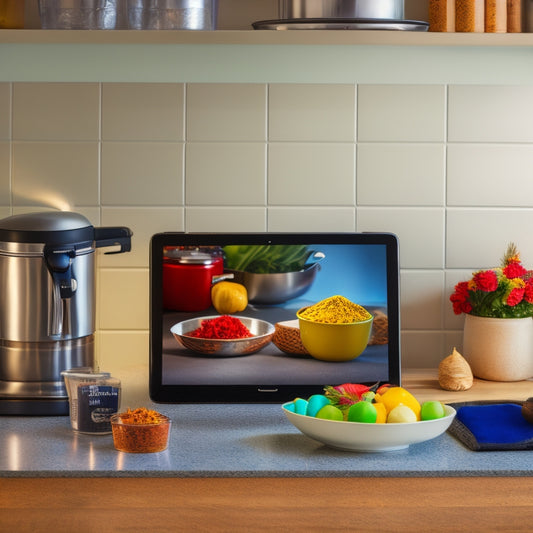 A sleek, modern kitchen countertop with a standing mixer, stainless steel utensil holder, and a tablet mounted on a wall, surrounded by neatly organized spices, oils, and cookbooks.