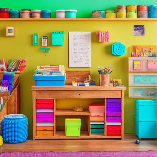 A colorful, clutter-free workspace with various craft supplies, featuring a central focal point of a repurposed wooden crate transformed into a multi-tiered ink pad storage unit with neatly arranged ink pads of different colors.