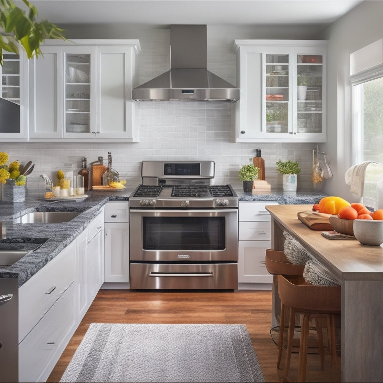 A modern kitchen with sleek countertops, stainless steel appliances, and a large island, cluttered with recipe books, notes, and cords, contrasted with a clean and organized digital command center on a tablet.