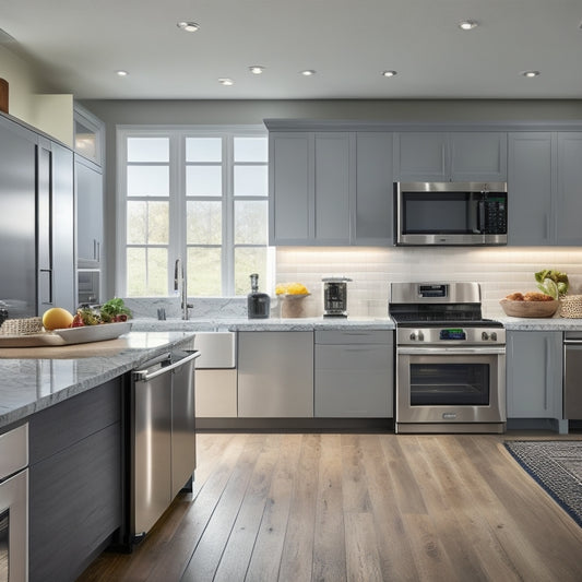 A modern kitchen with sleek countertops, stainless steel appliances, and a large island, featuring a smart display above the range, wirelessly connected to a stand mixer, slow cooker, and refrigerator.