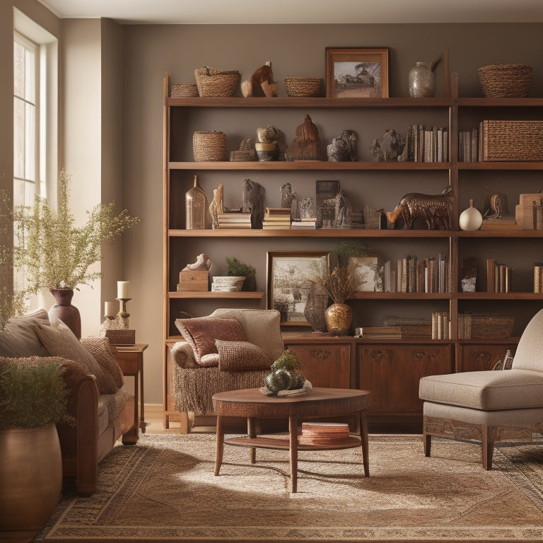 A serene, well-lit living room with a wall of Sherwood Shelving units in a warm wood tone, adorned with a few framed family photos, decorative vases, and a few favorite books.