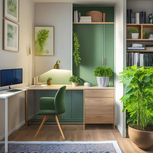 A serene studio apartment with a sleek, minimalist desk tucked into a cozy nook, surrounded by a lush green wall, a plush area rug, and a stylish Murphy bed with built-in shelving.