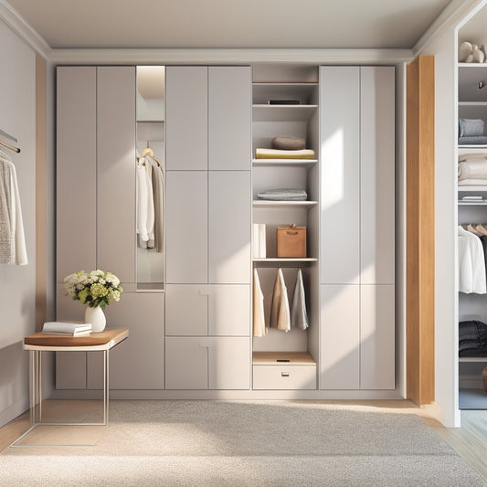 A serene, modern closet with pale gray walls, rich wood floors, and a custom shelving system featuring sleek, minimalist shelves and drawers in a combination of glass and matte-white finishes.