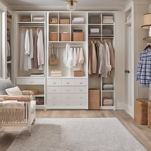 A serene, well-lit walk-in closet with cream-colored walls, dark wood shelving, and a plush area rug, featuring a mix of hanging rods, shelves, and drawers, with a few stylish outfits and accessories neatly arranged.