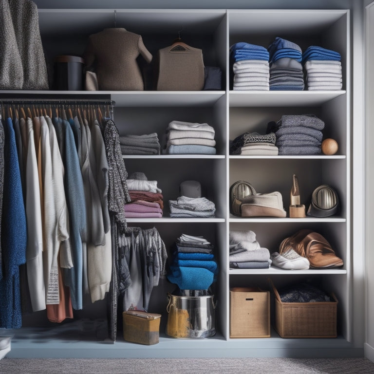 A cluttered closet with clothes scattered on the floor, overflowing shelves, and a clothes rack bursting with garments, transforming into a organized space with labeled storage bins, a tidy shelf, and a minimalist clothes rack.