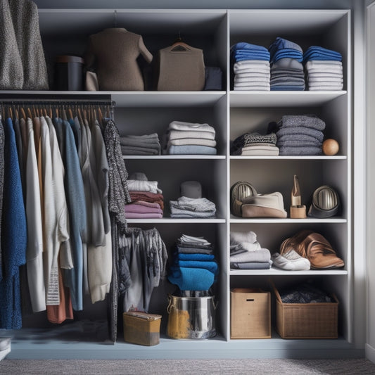A cluttered closet with clothes scattered on the floor, overflowing shelves, and a clothes rack bursting with garments, transforming into a organized space with labeled storage bins, a tidy shelf, and a minimalist clothes rack.