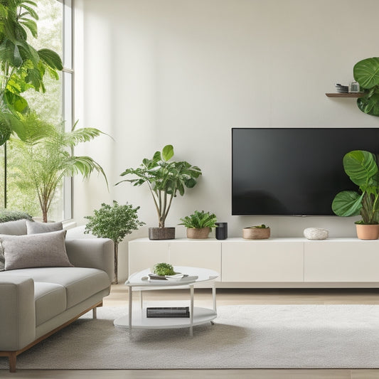 A modern, bright living room with a neutral beige background, featuring a sleek, wall-mounted BESTA TV unit in white, surrounded by lush green plants and a comfortable, gray sectional sofa.