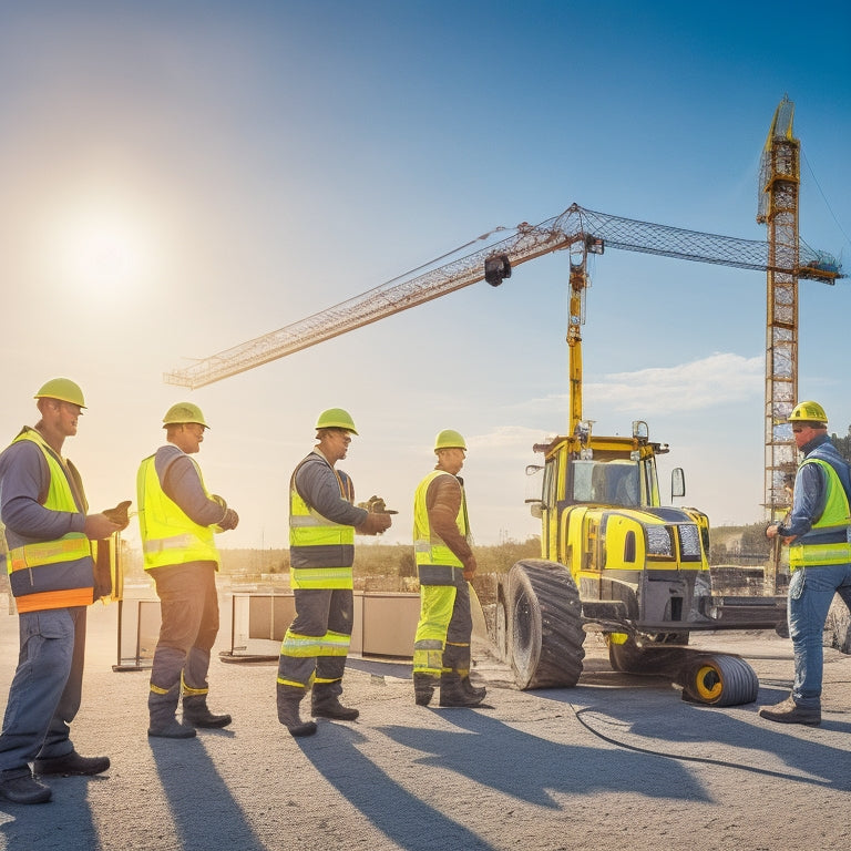 A serene, sunlit construction site with a sleek, modern building in the background, surrounded by neatly organized equipment and a few workers in high-visibility vests, conveying a sense of precision and expertise.