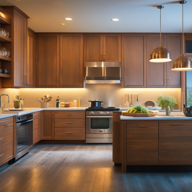 A well-lit, modern kitchen with a central island featuring a mix of open shelving, closed cabinets, and drawers in a warm, wood tone, surrounded by sleek appliances and countertops.