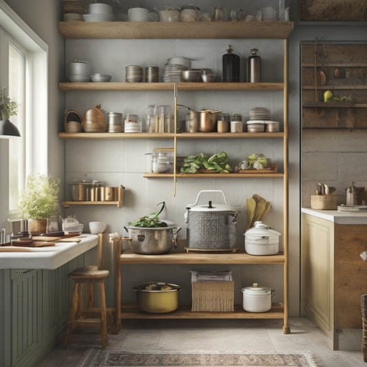 A tidy, compact kitchen with a few cookbooks stacked vertically on a wooden shelf, surrounded by utensils and spices, with a small ladder leaning against the wall.