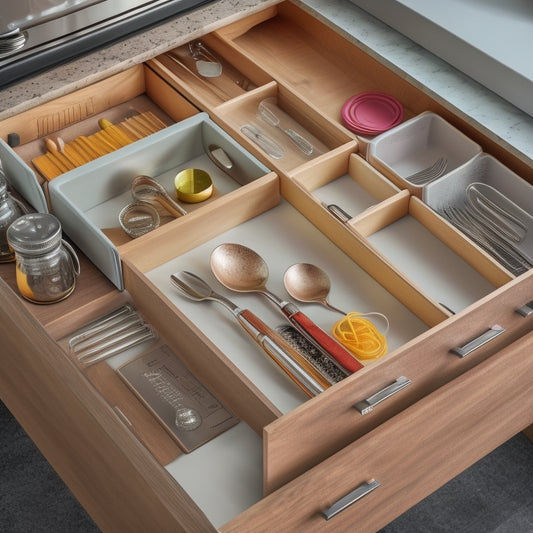 A beautifully organized kitchen drawer with multiple compartments, soft-close glides, and custom dividers separating utensils, cookware, and gadgets, illuminated by warm, soft lighting.