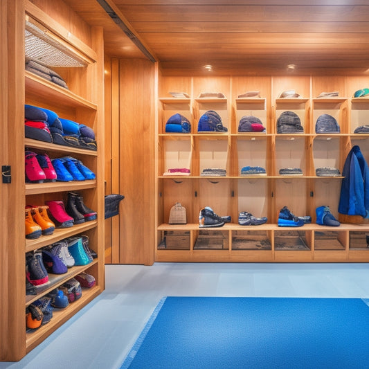 A modern, sleek, and spacious ski locker room with wooden benches, rows of silver hooks, and shelves filled with neatly organized ski gear, goggles, and winter accessories.
