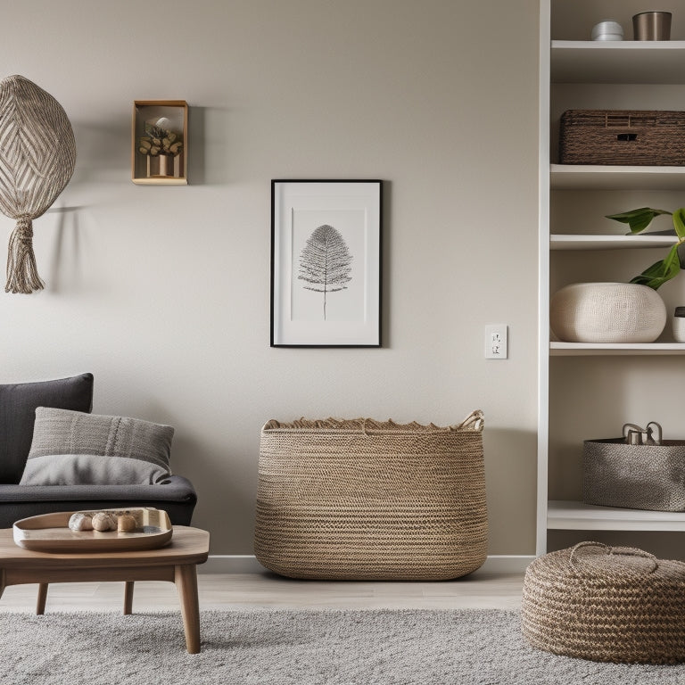 A serene, well-organized living room with a minimalist aesthetic, featuring a sleek, wall-mounted shelf system, a woven storage basket, and a few, carefully-placed decorative items.