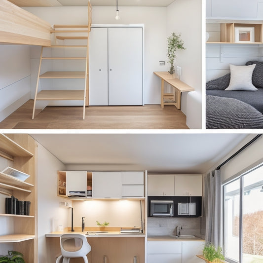 A minimalist, modern tiny home interior with a Murphy bed, fold-down desk, and retractable ladder leading to a lofted storage area, surrounded by sleek, space-saving shelving and a compact kitchenette.