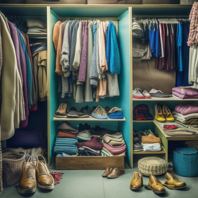 A cluttered closet interior with clothes spilling out of open drawers, tangled on the floor, and hanging crookedly from overcrowded rods, with a few scattered shoes and accessories in the background.