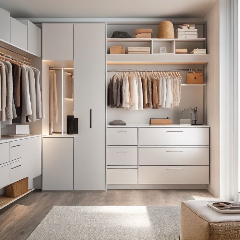 A minimalist, modern closet with sleek white shelves, wooden drawers, and a central island, illuminated by soft, warm lighting, with a few stylish outfits and accessories artfully arranged.