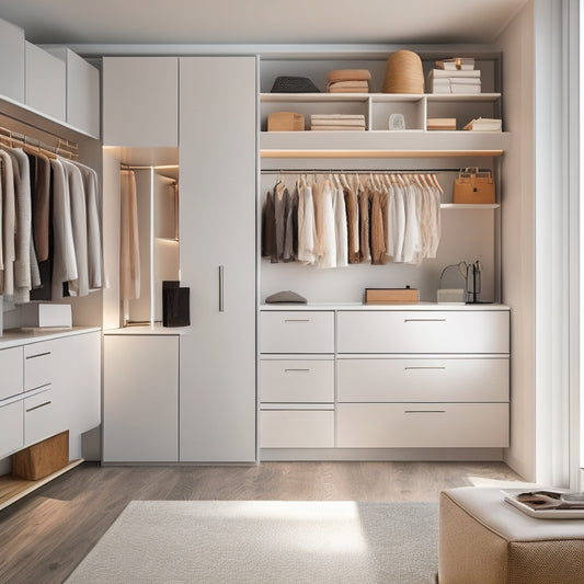 A minimalist, modern closet with sleek white shelves, wooden drawers, and a central island, illuminated by soft, warm lighting, with a few stylish outfits and accessories artfully arranged.