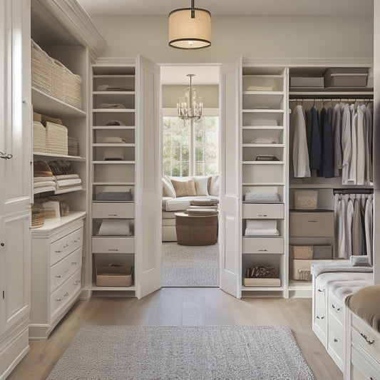 A serene walk-in closet with cream-colored walls, dark wood shelves, and a central island featuring drawers and a built-in bench, surrounded by neatly organized clothing and accessories.