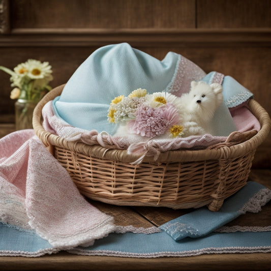 A delicate, lace-trimmed baby bonnet in soft pastel hues, adorned with tiny flowers and bows, resting on a vintage wooden rocking horse, surrounded by scattered fabric scraps and threads.