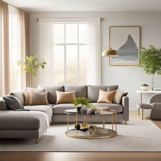 A serene, well-lit, minimalist living room with sleek, custom-built storage units, a plush sectional sofa, and a few, carefully-placed decorative objects, evoking a sense of luxury and tranquility.