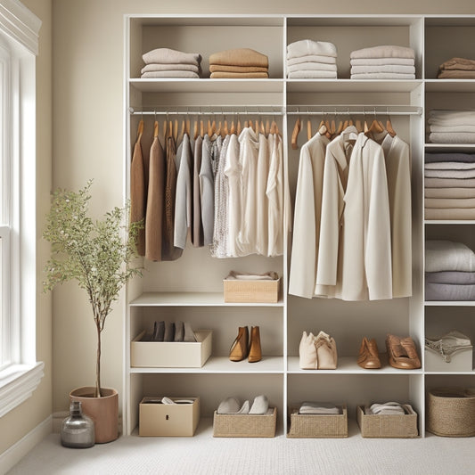 A serene, light-filled closet with cream-colored walls, wooden shelves, and a minimalist clothing rack, featuring neatly folded clothes, sorted by color, and a few well-placed storage bins.