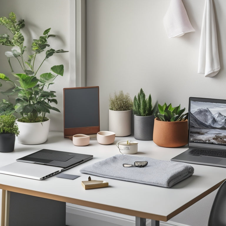 A tidy, minimalist desk with a laptop opened to a decluttering app, surrounded by organized storage bins, a few neatly folded clothes, and a small potted plant, set against a calm, light-gray background.