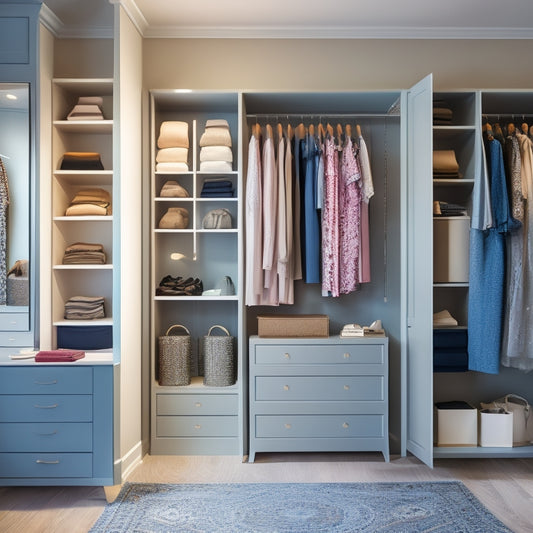 A serene, well-lit closet interior with sleek, custom-built shelves, drawers, and rods in a calming color scheme, featuring a few strategically placed, stylishly dressed mannequins amidst neatly arranged clothing and accessories.