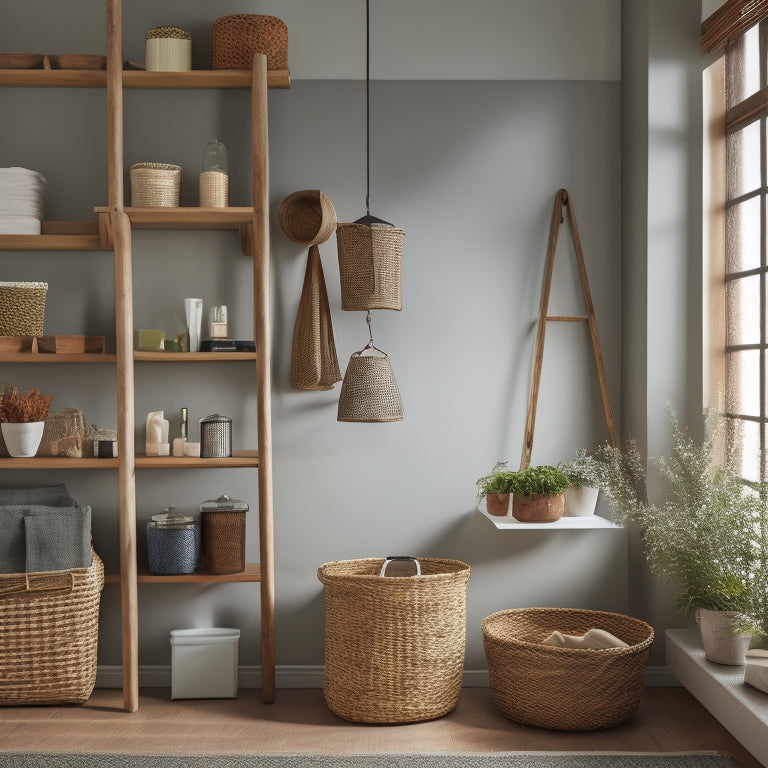 A tidy, well-lit corner of a modern home with a ladder leaned against a wall, baskets and bins stacked on shelves, and a few decorative items on a floating shelf.