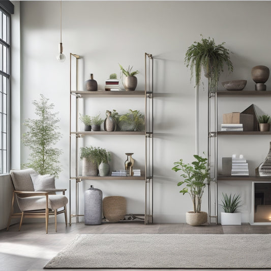 A minimalist, open-plan living room with a floor-to-ceiling shelving unit comprised of sleek, silver metal frames and reclaimed wood shelves, holding decorative vases, books, and potted plants.