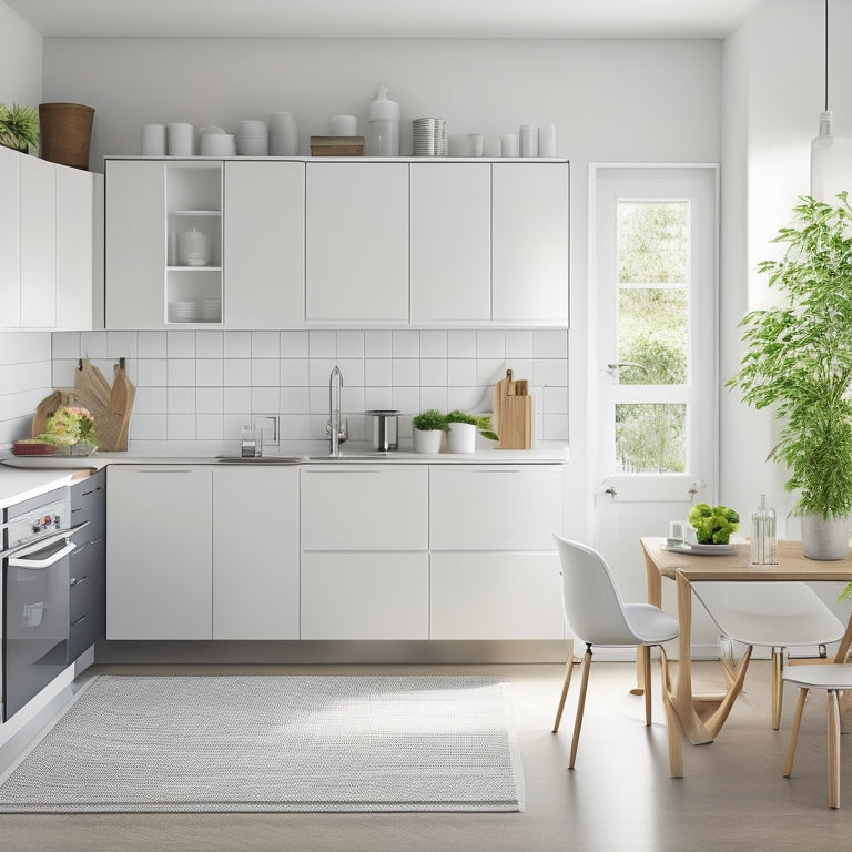 A tidy, modern small kitchen with a wall-mounted foldable table, a compact refrigerator, and a retractable drying rack above the sink, surrounded by sleek white cabinets and a minimalist backsplash.