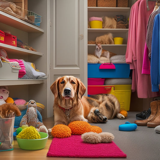A cluttered closet with pet accessories, toys, and supplies scattered on the floor, with a frustrated pet owner in the background, contrasted with a tidy closet featuring smart storage solutions and a happy pet playing nearby.